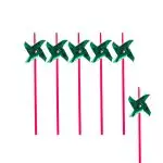 8" Pink Hard Straight Green Plastic Pinwheel Straws Case of 48ct total- Straw is Pink