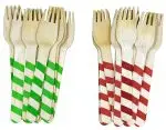 Perfect Stix Red And Green Striped Wooden Printed Forks. Pack of 100