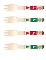 Wooden Disposable Forks, Red and Green Christmas Design, 6 Inch
