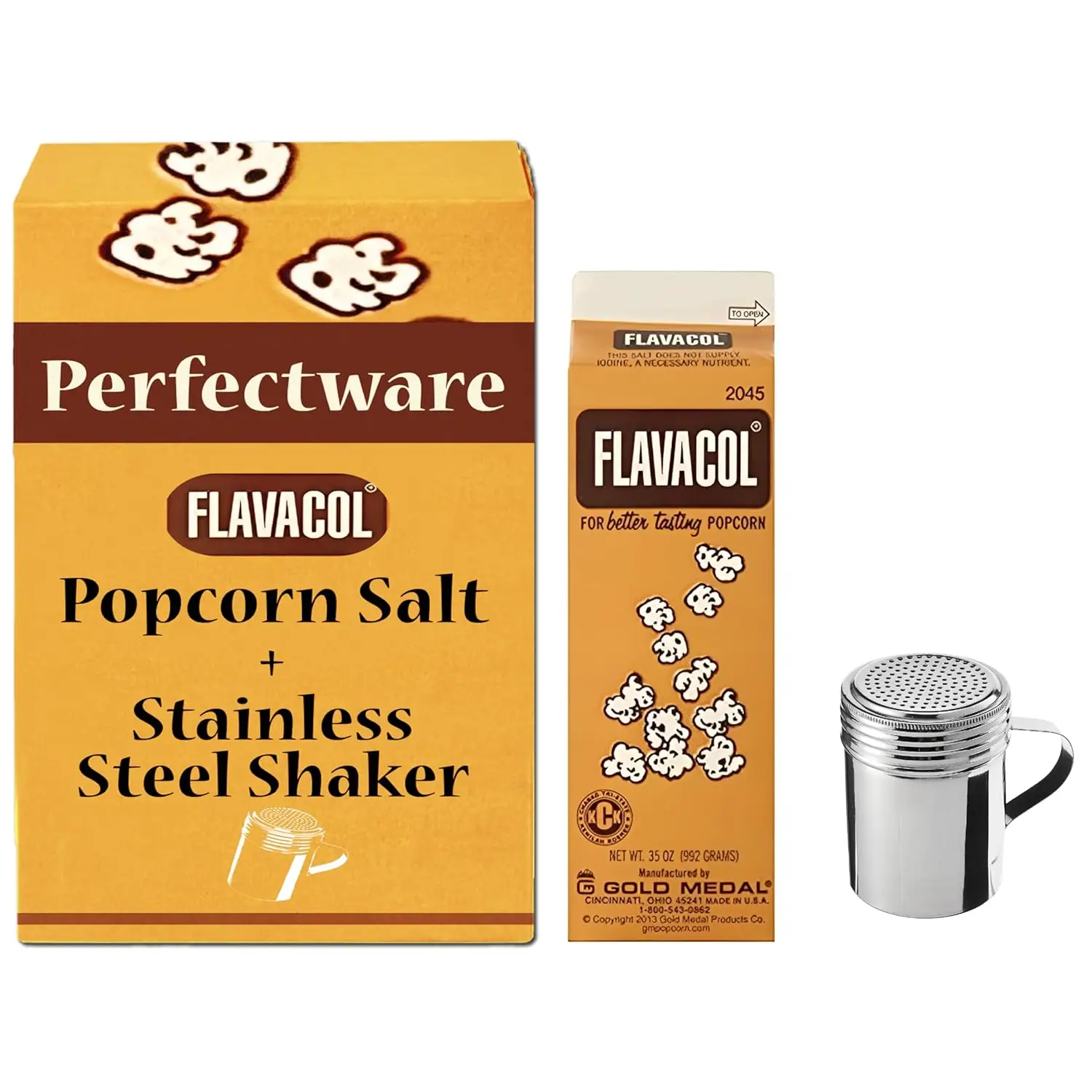 35oz Carton of Flavacol with 10oz Stainless Steel Shaker 35oz Carton of Flavacol with 10oz Stainless Steel Shaker